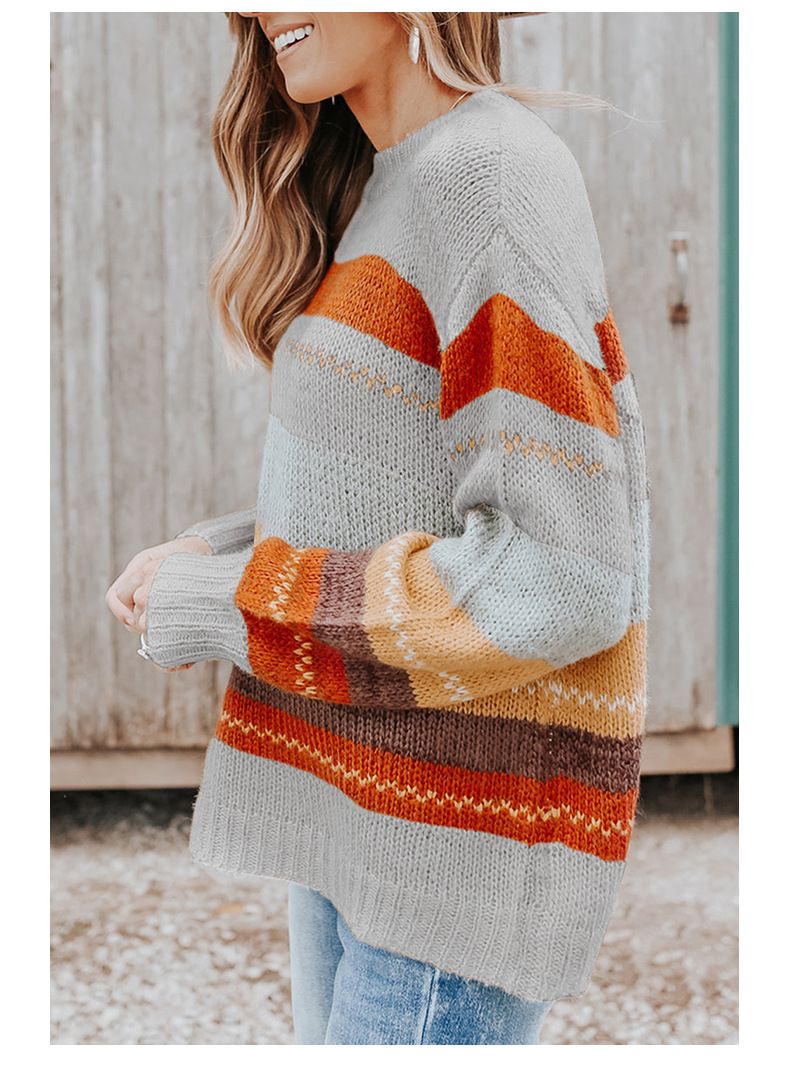 Shiying Herbst und Winter neues Pullover-Oberteil für Damen, lockerer Rundhals-Strickpullover mit Streifen und Kontrastdruck für Damen_voghion.com