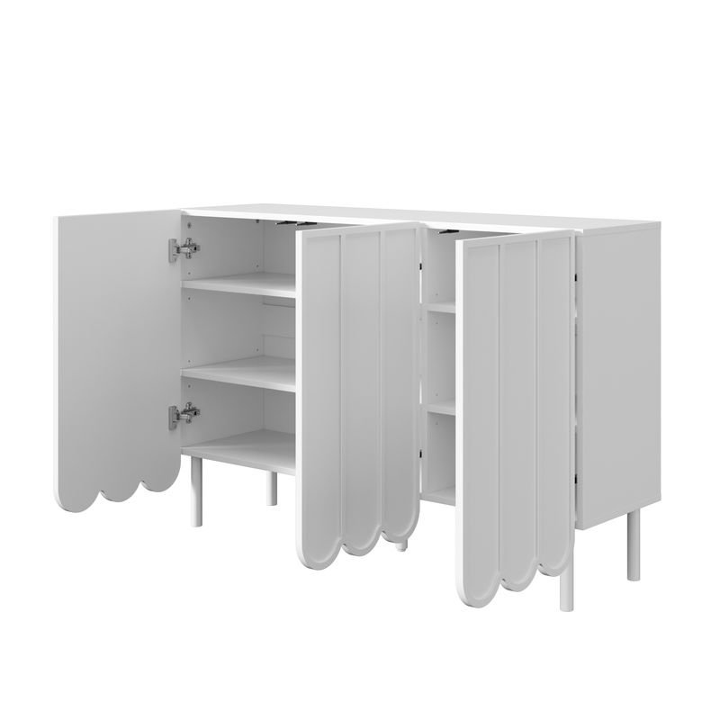 Buffet blanc moderne avec portes ondulées, 120 x 35 x 80 cm, design sans poignées, étagères réglables, meuble de rangement pour salon, couloir et salle à manger._voghion.com