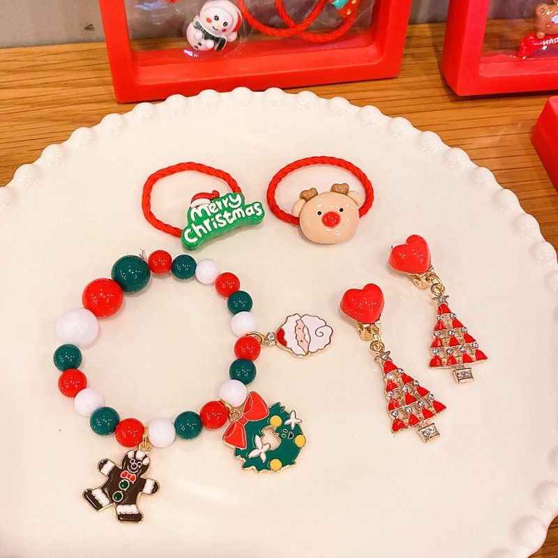 Christmas Jewelry Set For Kids, Festive Beaded Bracelet & Ring Sets With Santa, Snowman & Tree Charms In Red Gift Boxes, Holiday Gift & Party Favor Je_voghion.com