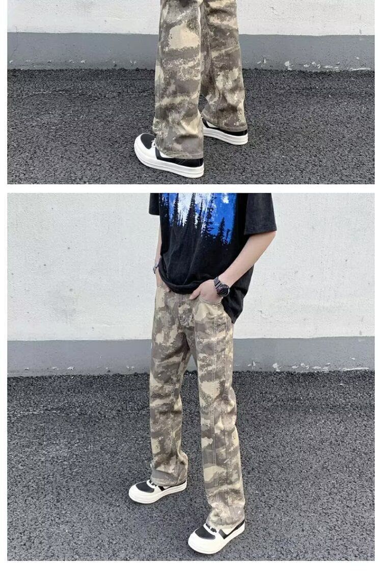 Calça jeans masculina streetwear camuflada - Calça reta de corte folgado com design urbano, tecido de poliéster confortável, estilo casual moderno._voghion.com