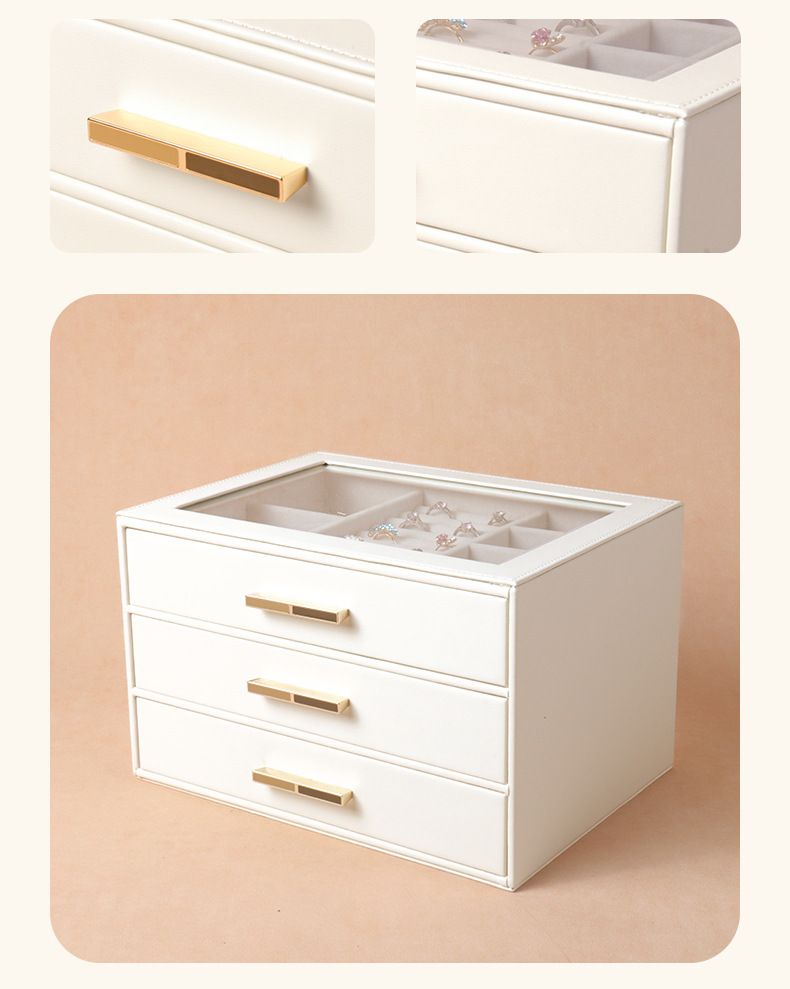 Portagioie – Contenitore portaoggetti in pelle PU a 3 ripiani con piano in vetro per collane, orecchini e gioielli in oro (bianco/rosa, 25x18x16 cm)_voghion.com