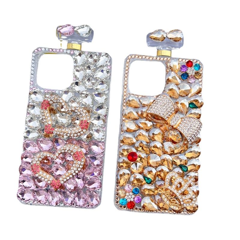 Handmade Perfume Bottle for iPhone 15, Diamond Rhinestone Case with Neck Strap, Bling Glitter Crystal, Shiny Clear_voghion.com