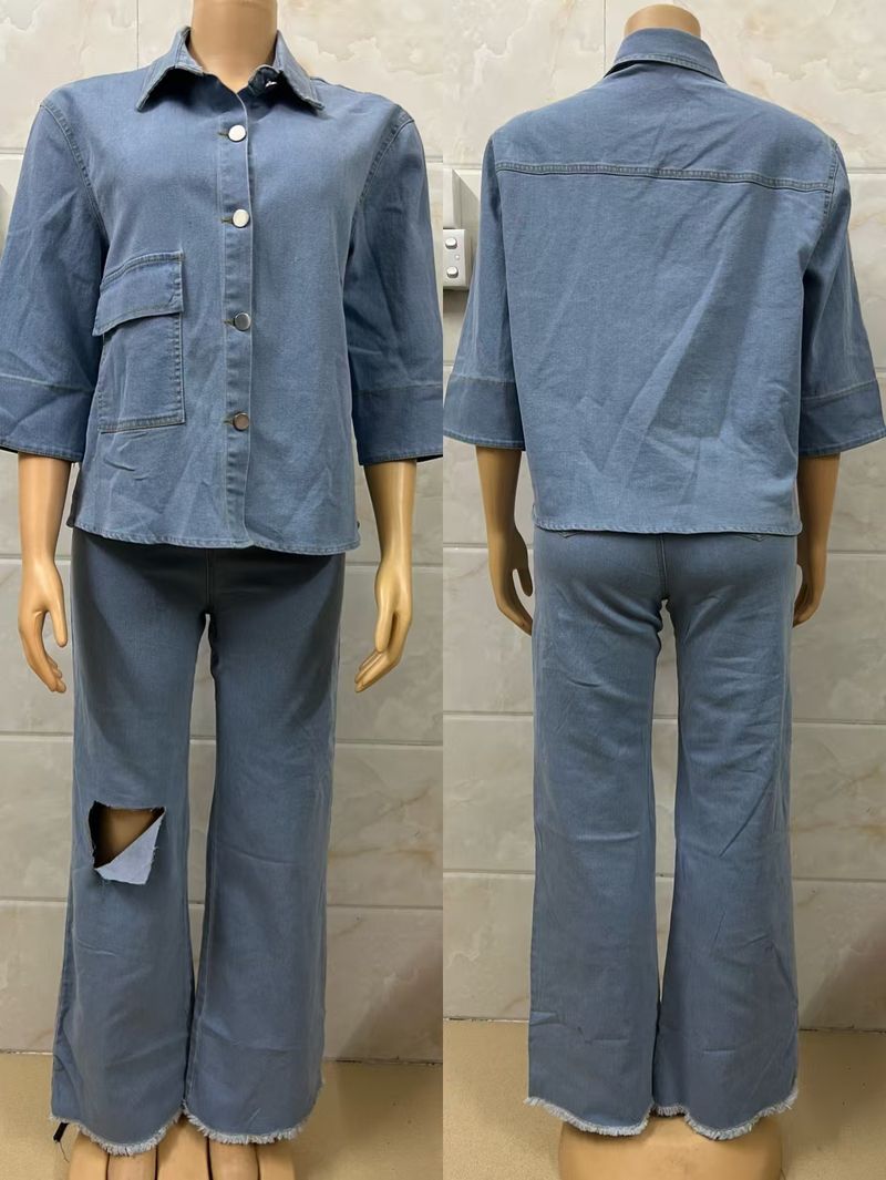 Europäischen und amerikanischen heißer Verkauf neue Mode Persönlichkeit Shirt Top Loch Denim Hose zweiteiliges Set_voghion.com