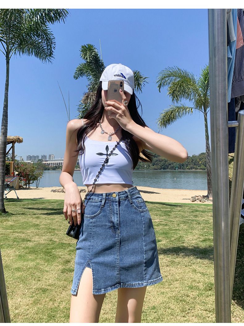 Split Summer Instagram Spicy Girl Denim Elastic Wrap Hip Half Women's Anti glare A-line Pants Skirt_voghion.com