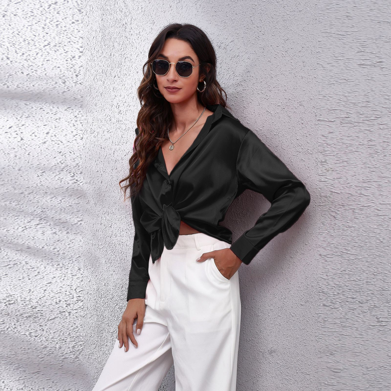 Women's clothing color D shirt satin silk imitation long sleeve shirt_voghion.com