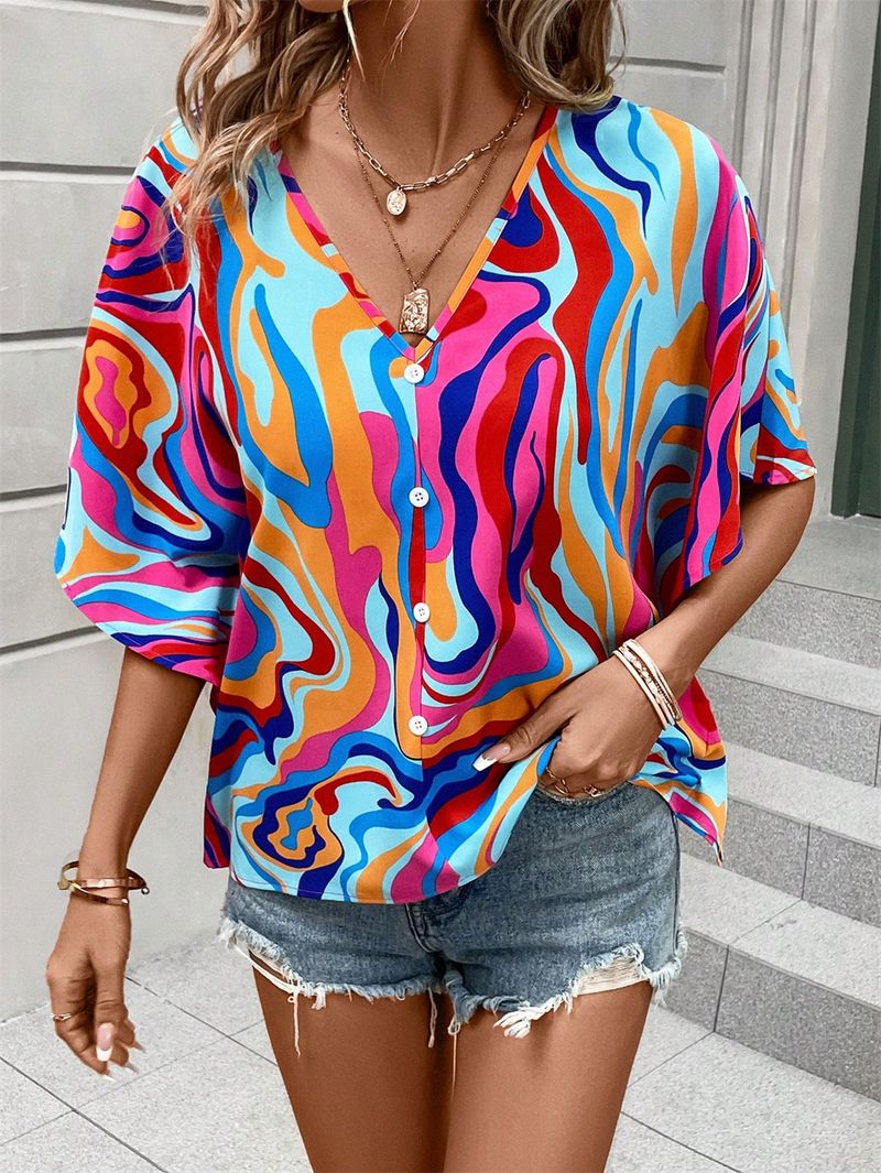 2025 Kobiety Lato Styl Bluzki Koszule Damska Casual Batwing Rękaw Kwiatowy Nadruk Bluzki Topy DF5024_voghion.com