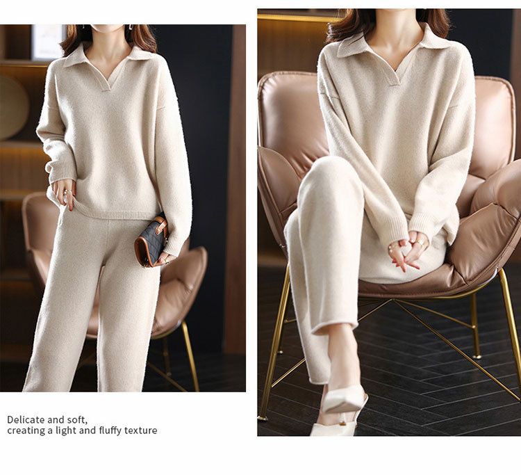 Women's Knit Sweater Set With Wide-Leg Pants – Oversized Turtleneck Pullover & High-Waisted Lounge Pants (Black, Camel, Beige, Gray, One Size)_voghion.com