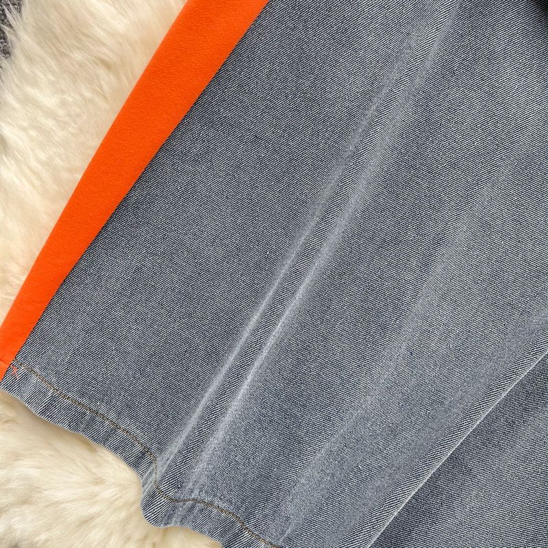 Dammekleeder Moud Kontrastfaarfnäht Polokragen Kuerzärm Denim Schlank Mëttellängt Rock_voghion.com
