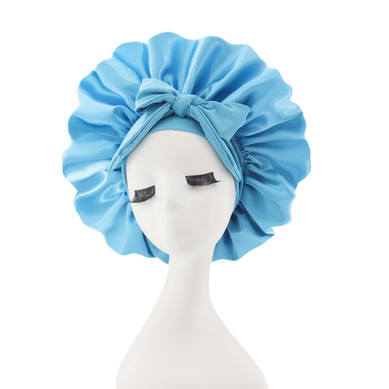 Cross-Border European And American Trend Solid Color Tie Sleep Elastic Wide-Brim Satin Bow Round Hat Hair Protection_voghion.com