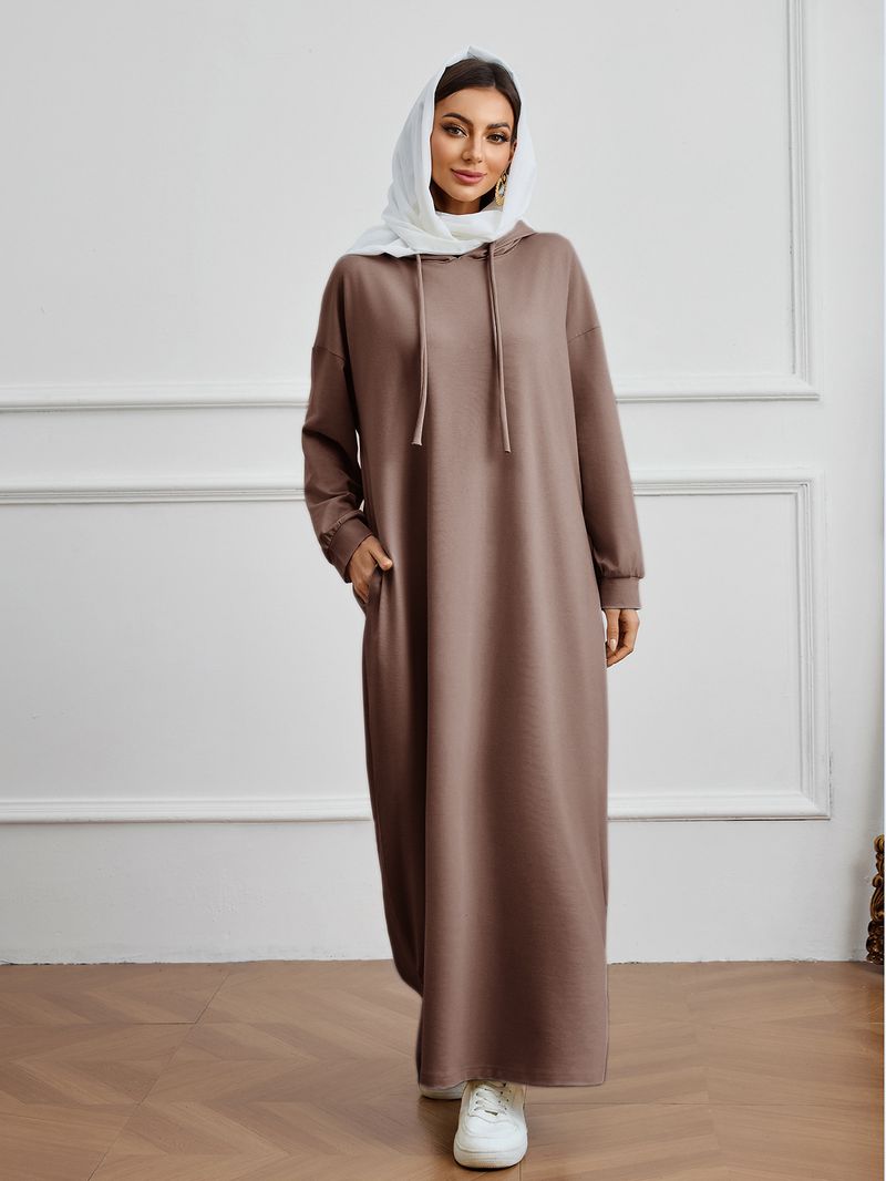 Dammekleeder bequem lässeg einfarweg kapuzen Täsch laang muslimesch Robe modesch Fréijoer Polyester Stoff laangärmlech_voghion.com