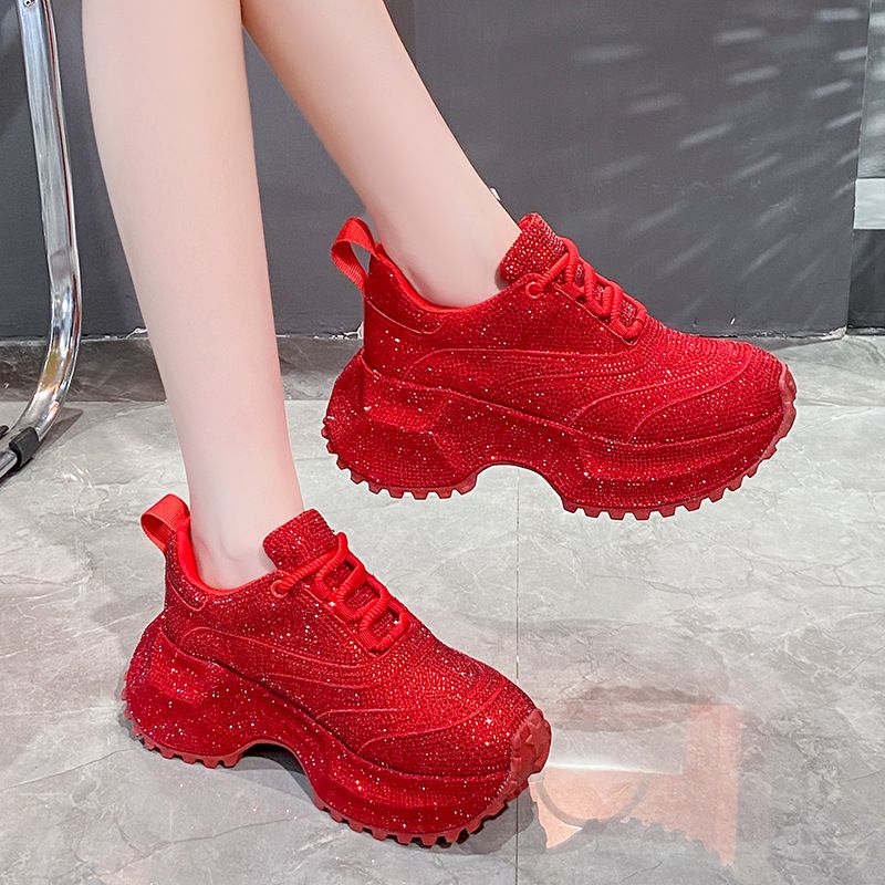 Modische Damen-Sneaker mit Strasssteinen – klobige Plateauschuhe für mehr Körpergröße, atmungsaktives Obermaterial aus PU, lässige und trendige Low-Top-Schnürschuhe_voghion.com