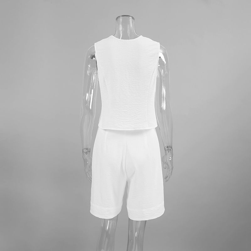 Ropa de mujer de verano, combina con todo, sencillo, sin mangas, cuello en V, chaleco, pantalones cortos, traje de dos piezas, traje informal de moda blanco_voghion.com