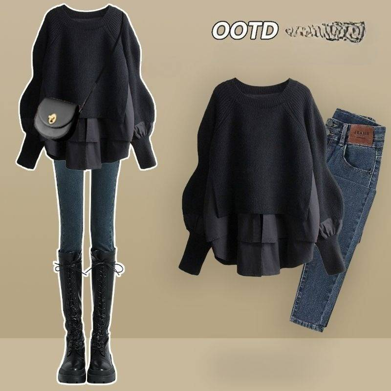 Women's Clothing Autumn Suit Temperament Two Piece Shirt Top Slim Jeans Plus Size Two Piece Suit_voghion.com