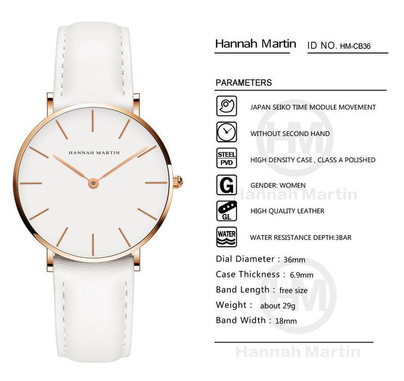 Hannah Martin Brand Ladies Watch Waterproof 36mm Dial Design Simple Fashion All Match Watch_voghion.com