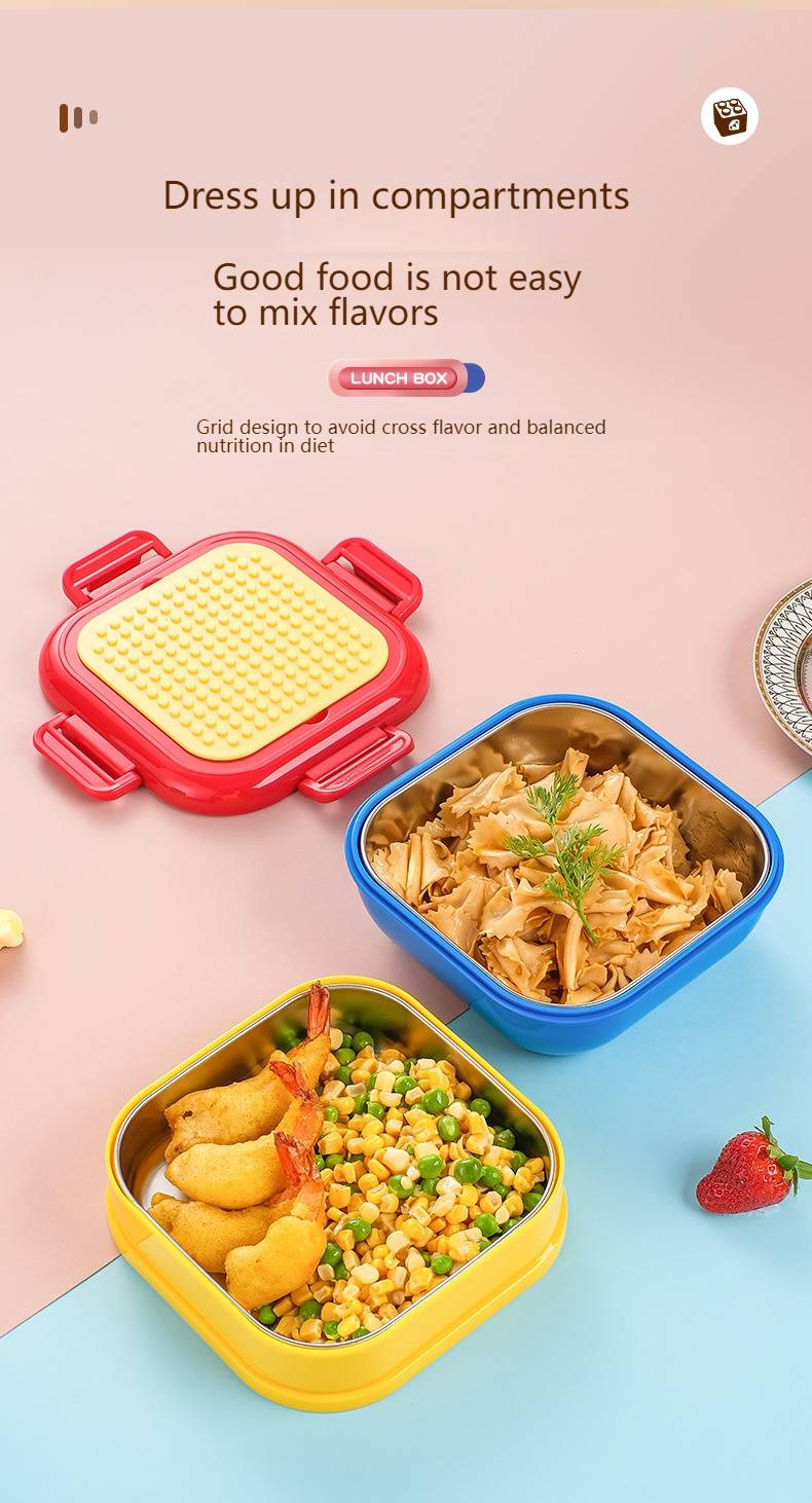 Creative Building Blocks Insulated Lunch Box With Spoon - 304 Stainless Steel, Leak-Proof, Microwave Safe, Bento Box For Kids & Adults_voghion.com
