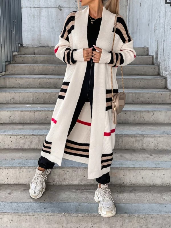 Cardigan lungo da donna in maglia a righe_voghion.com