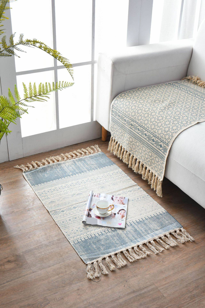 Tappeto in cotone tessuto a mano - 60x90 cm, stile bohémien, a righe, per soggiorno, camera da letto e ingresso (disegno geometrico, lavabile in lavatrice)_voghion.com