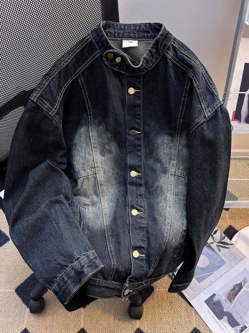 Men's Streetwear Denim Jacket – Oversized Washed Cotton With Stand Collar (S-3XL) – Retro Loose Fit For Spring/Fall_voghion.com