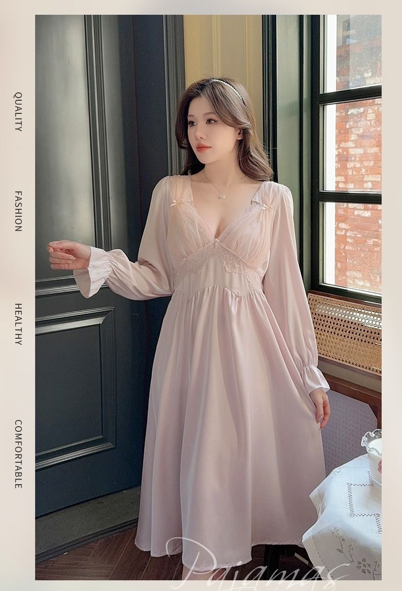 Autunno con imbottitura sul petto, ultra lunga rete rossa, camicia da notte primaverile e autunnale, pigiama da donna a maniche lunghe in seta ghiacciata, manica lunga in pizzo, scollo a V profondo_voghion.com