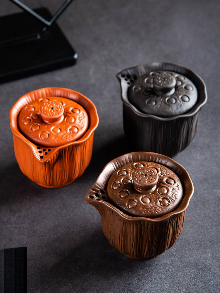 Authentisches Gaiwan-Set aus Keramik für eine Person, mit Verbrühungsschutz, tragbar, neue Mini-Teekanne aus violettem Ton, Hand-Teebereiter_voghion.com