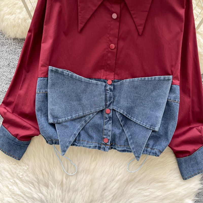 Abbigliamento da donna Camicia a maniche lunghe con fiocco in denim patchwork Camicia larga da donna Top_voghion.com
