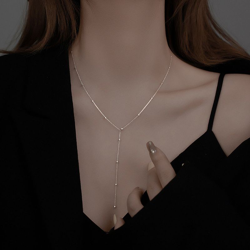 Colar feminino ANENJERY com contas de prata esterlina, corrente para clavícula, simples e longa, joia para festa_voghion.com