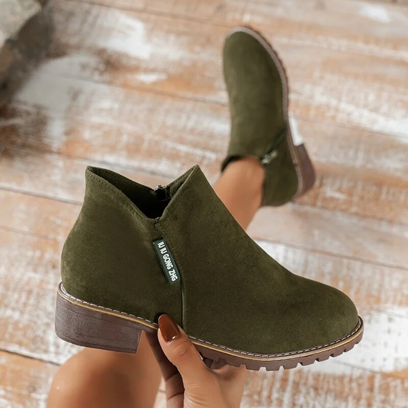 SHLIANG Herbst Seitlicher Reißverschluss Kurze Stiefel Weibliche Niedrige Stiefel Rutschfeste Frosted Wildleder Schuhe Frauen Stiefelette s0267_voghion.com