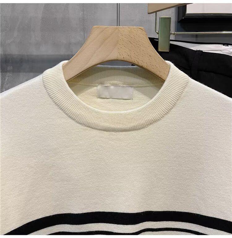 Autumn Winter New Long Sleeve Knitted Sweater Men's Striped Slim Fit Business Round Neck Base Layer_voghion.com