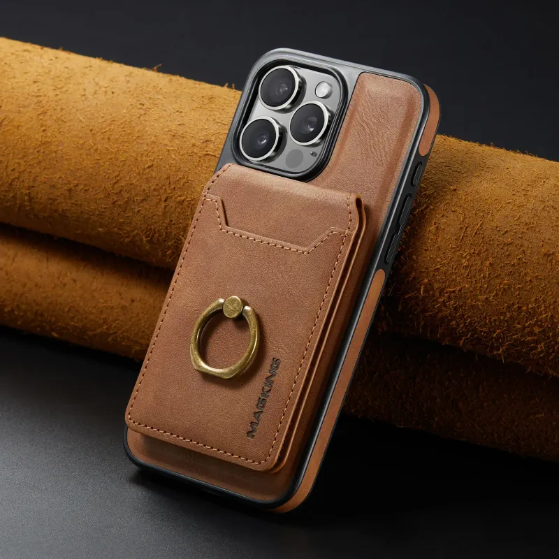 Custodia a portafoglio con anello rimovibile in pelle 2 in 1 per iPhone 16 15 14 Pro Max Plus per ricarica wireless magnetica_voghion.com