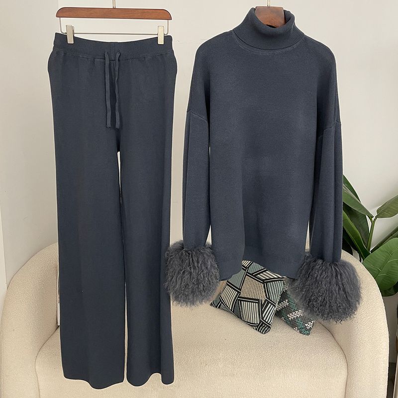 Ensemble en tricot avec poignets en fourrure de renard pour femme – Pull ample à col montant et pantalon large pour l'automne/hiver_voghion.com