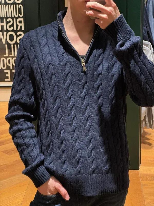 embroidered Pony Autumn And Winter Half Zip Men's Sweater Stand Collar Casual Couple Fried Dough Twists Top_voghion.com
