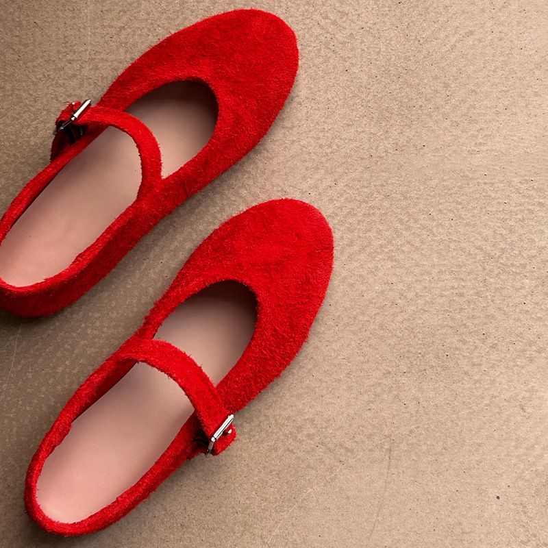 Cowhide Version Version Of Round Toe Mary Jane Shoes, Brushed Cowhide Shallow Mouth Flat Shoes, Red Single Shoes For Women_voghion.com