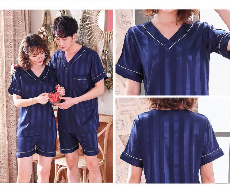 Pár Loungewear Ženy Léto Hedvábí tenký Krátký rukáv Korejský Jacquard Pruhované Ledové Hedvábné Domácí oblečení Pánská dvoudílná sada_voghion.com