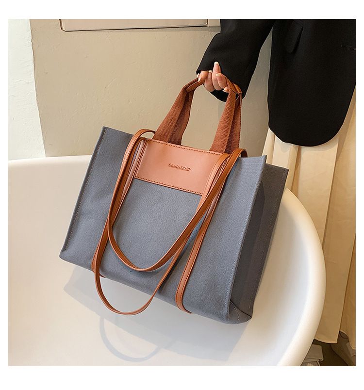 Borse tote da donna, semplici borse tote da donna con colori di tela a contrasto e tracolla singola di grande capacità._voghion.com