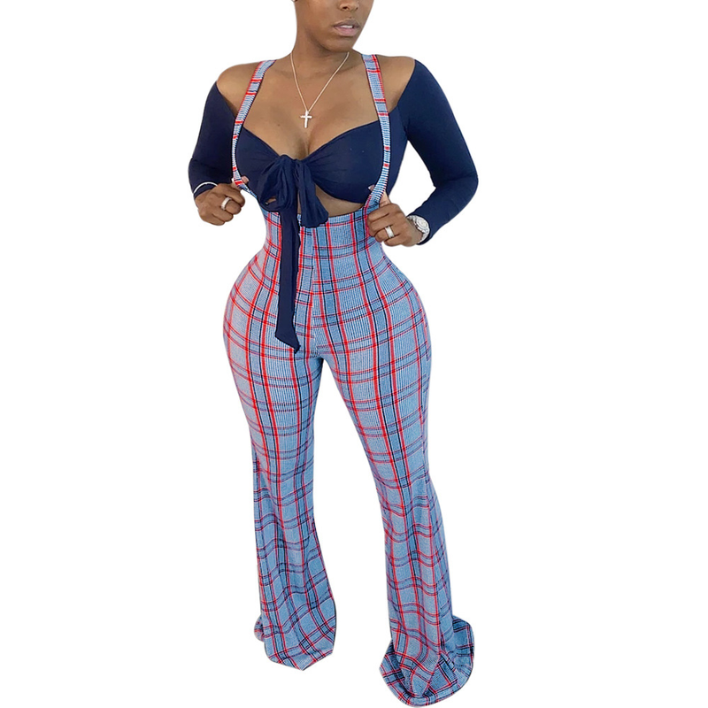 Women's sexy slim line shoulder coat plaid suspenders two-piece set_voghion.com