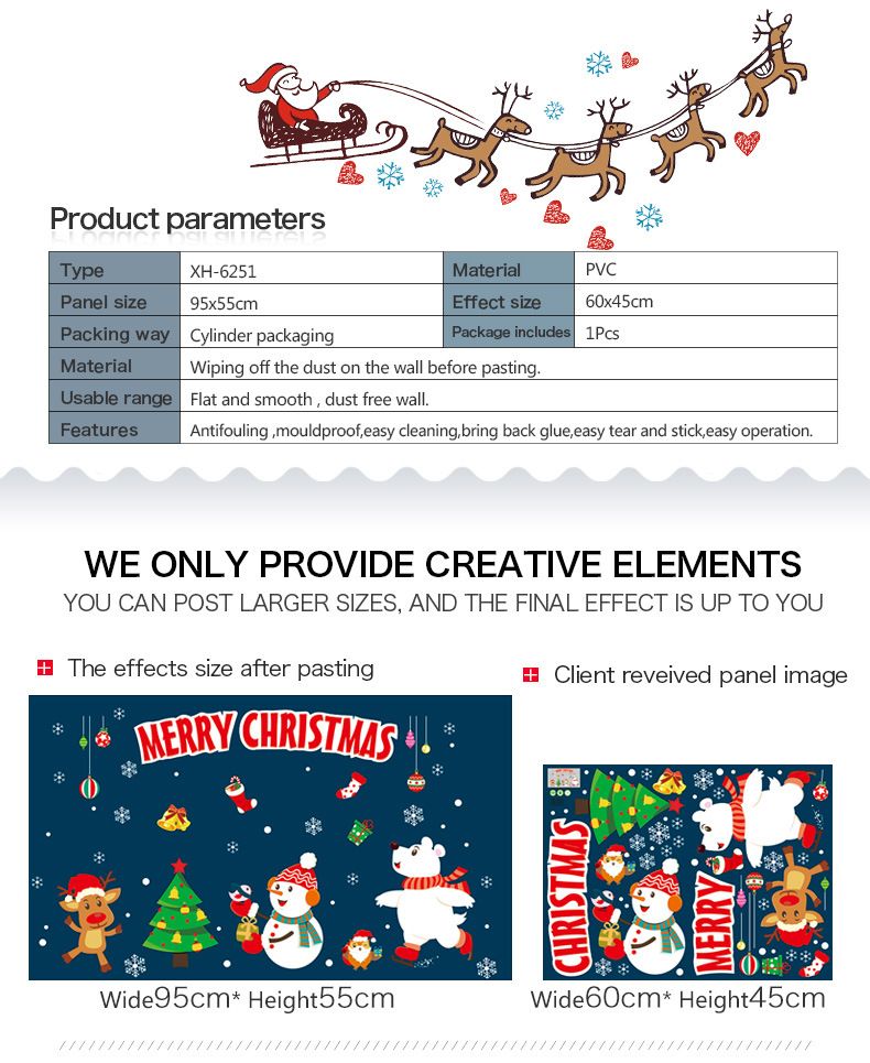 Set de vinilos navideños para pared: Papá Noel, copos de nieve y árboles de dibujos animados para decorar escaparates y tiendas (45 x 60 cm, PVC, 9 diseños)_voghion.com