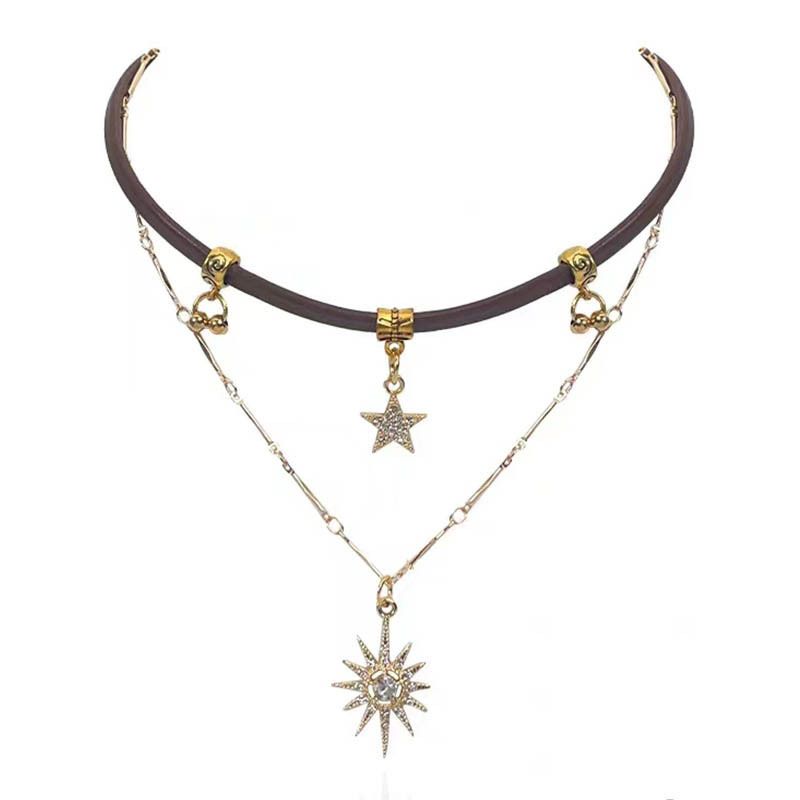 Solstjärnehalsband med dubbla lager för kvinnor, enkelt och utsökt, unika accessoarer, halsbandskedja, mångsidig, personlig,_voghion.com