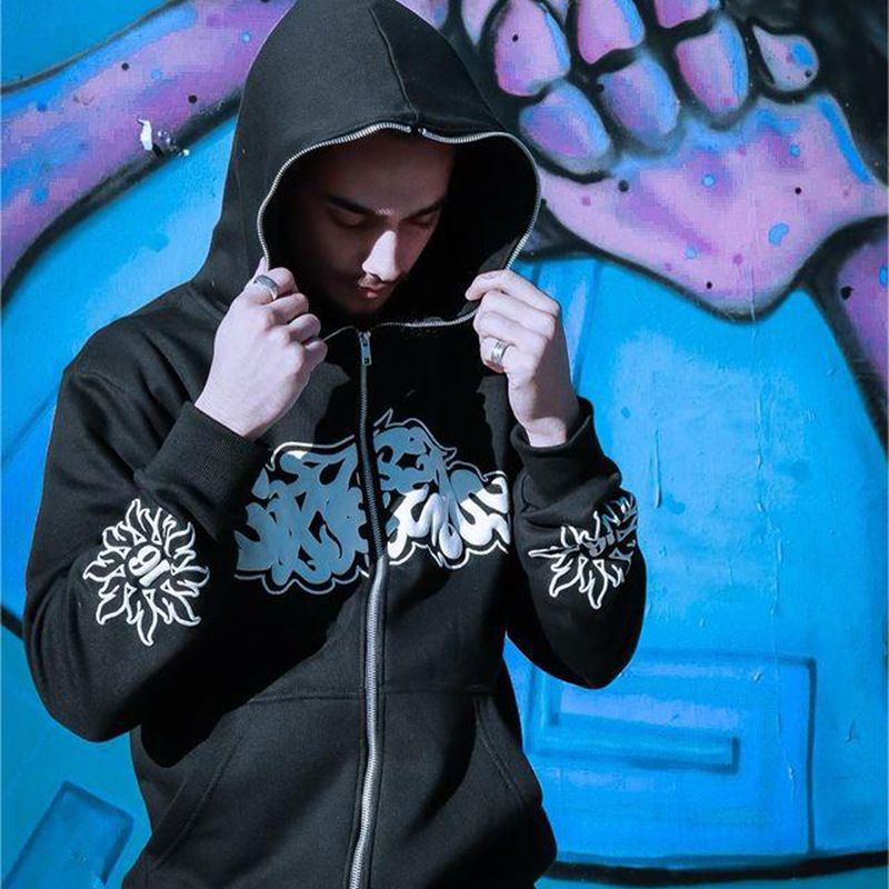 Felpa con cappuccio alla moda con cerniera stampata da strada da donna Y2K, autunno 2023_voghion.com