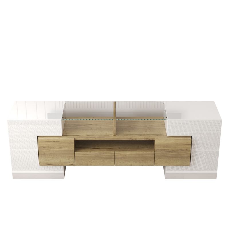 Meuble TV moderne, buffet bas blanc brillant de 145 cm avec éclairage LED, surface en verre élégante, mobilier de salon contemporain_voghion.com