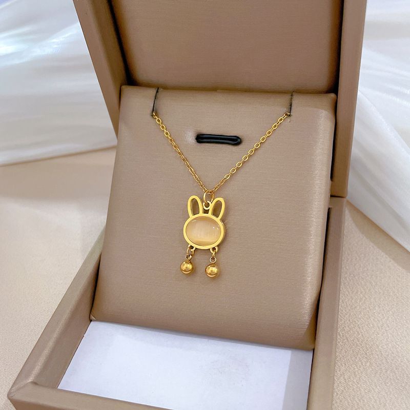 Collar de oro auténtico con diseño de conejo y piedra de ojo de gato, ultra simple, de malla roja, para mujer._voghion.com