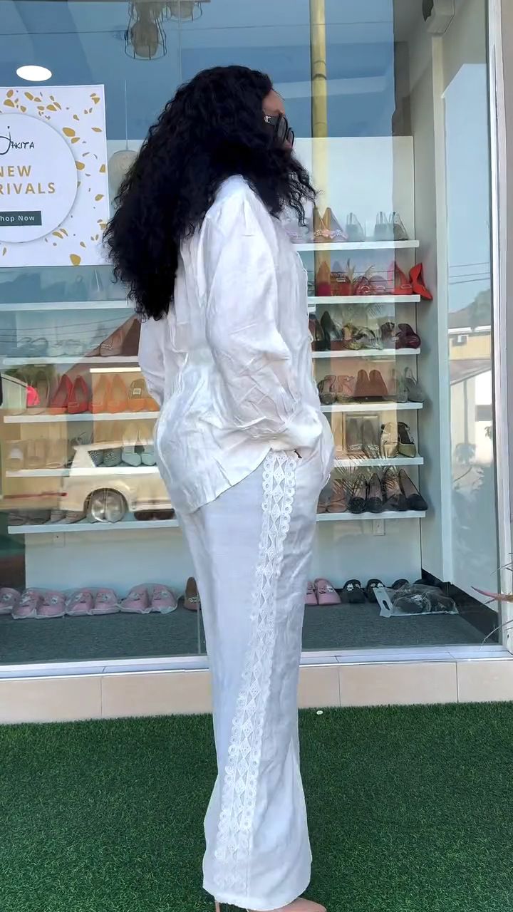 Ensemble deux pièces pour femme, chemise patchwork en dentelle à crochet creux, taille haute, pantalon large_voghion.com