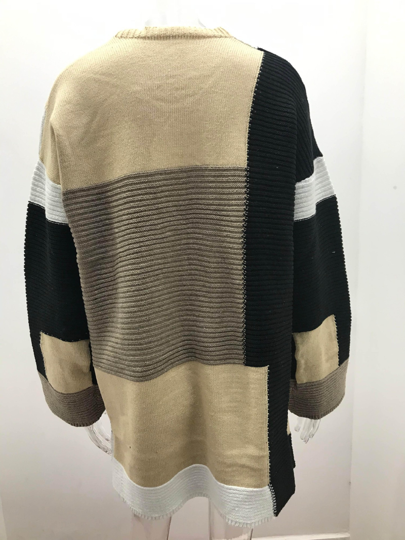 Women's large size loose geometric color matching sweater cardigan_voghion.com