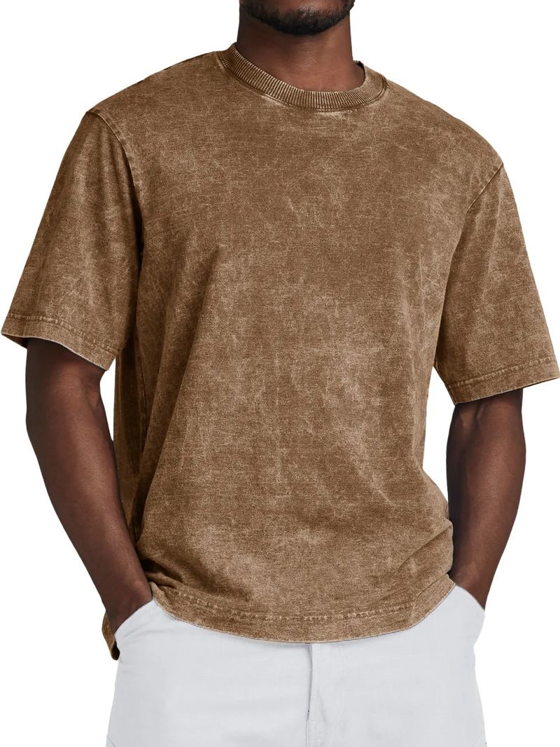 Camiseta vintage de algodão lavado para homens - ajuste macio e relaxado, respirável e confortável, gola redonda clássica, uso casual diário_voghion.com