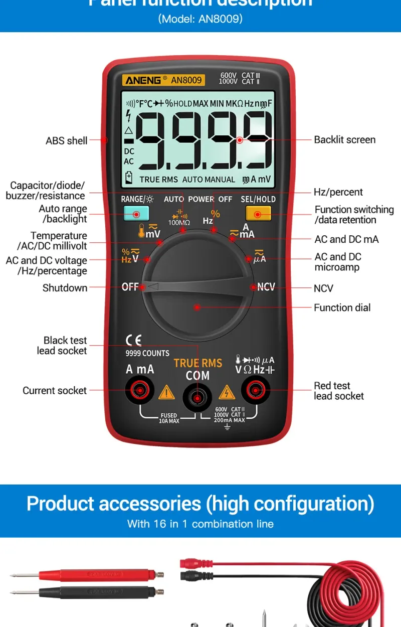ANENG AN8009 Digital Multimeter Transistor Testers Capacitor True-RMS Tester Automotive Electrical Capacitance Meter Temp Diode_voghion.com