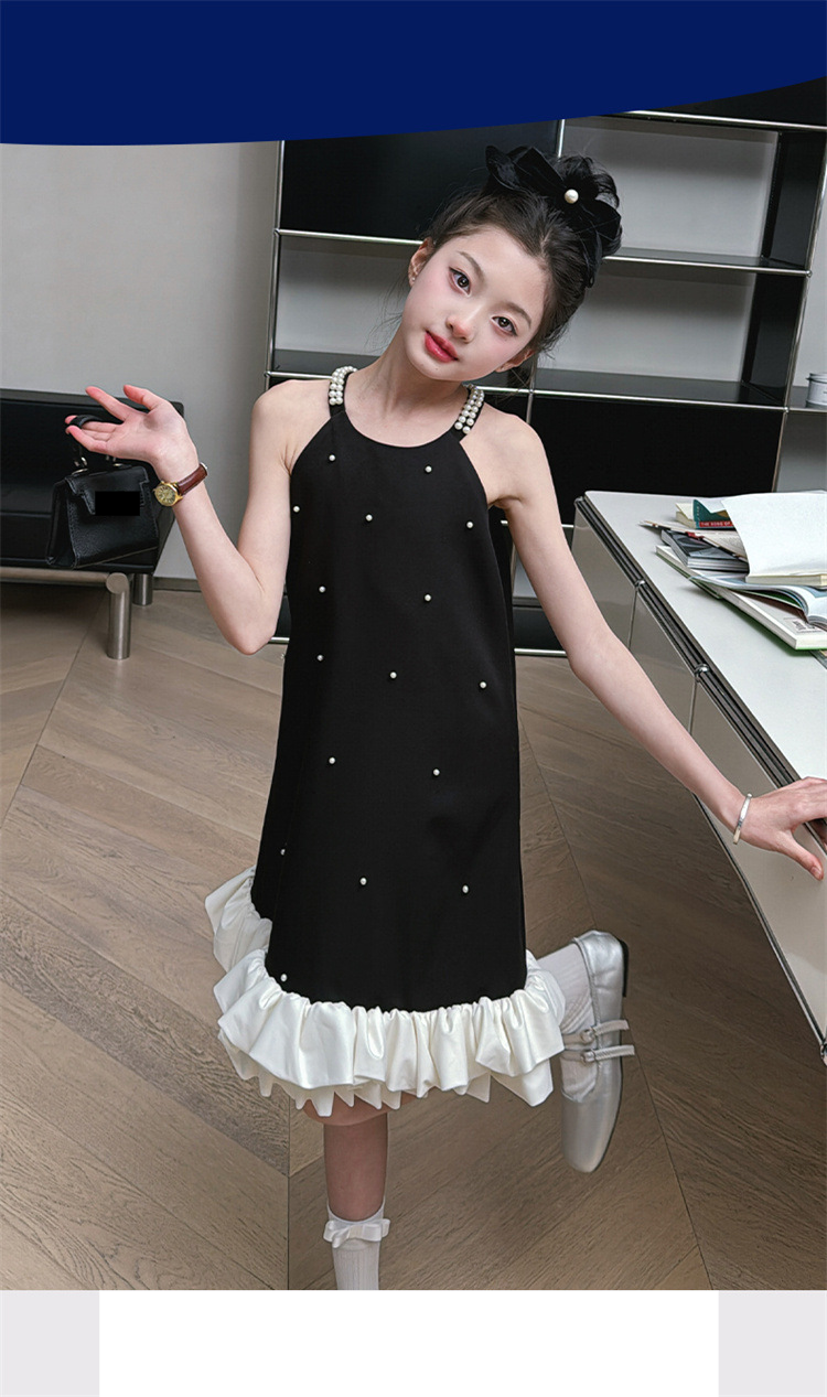 Madre e bambini Ragazze 2024 gonna con bretelle in perline estate nuova versione coreana vestito con volant per bambine_voghion.com