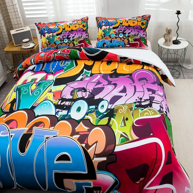 Graffiti Style Bedding Set Kids Hip Hop Theme Comforter Cover For Boys Teens Youth Illustration, Decorative Young Man Duvet Cover Street Culture_voghion.com