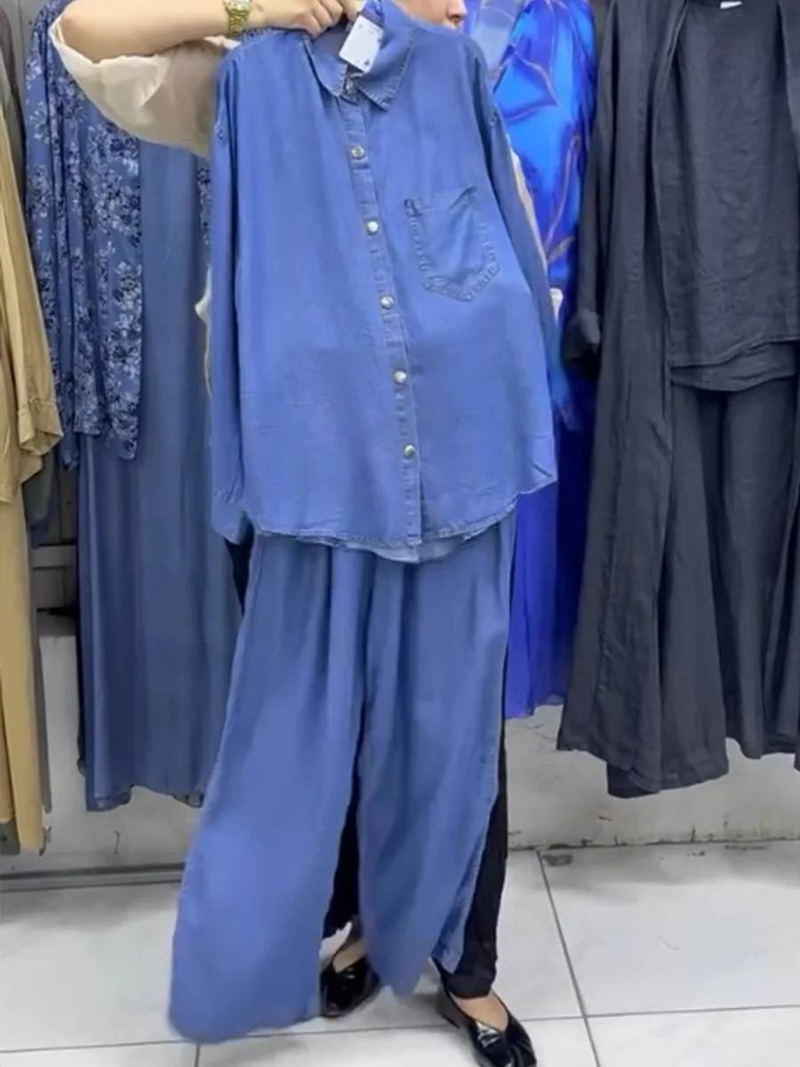Women's Clothing Women's Casual Solid Color Loose Denim Two Piece Suit_voghion.com