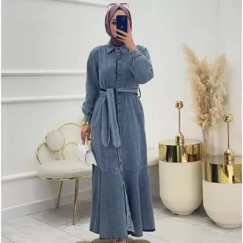 Women's Solid Color Zippered Waist Muslim Denim Dress_voghion.com