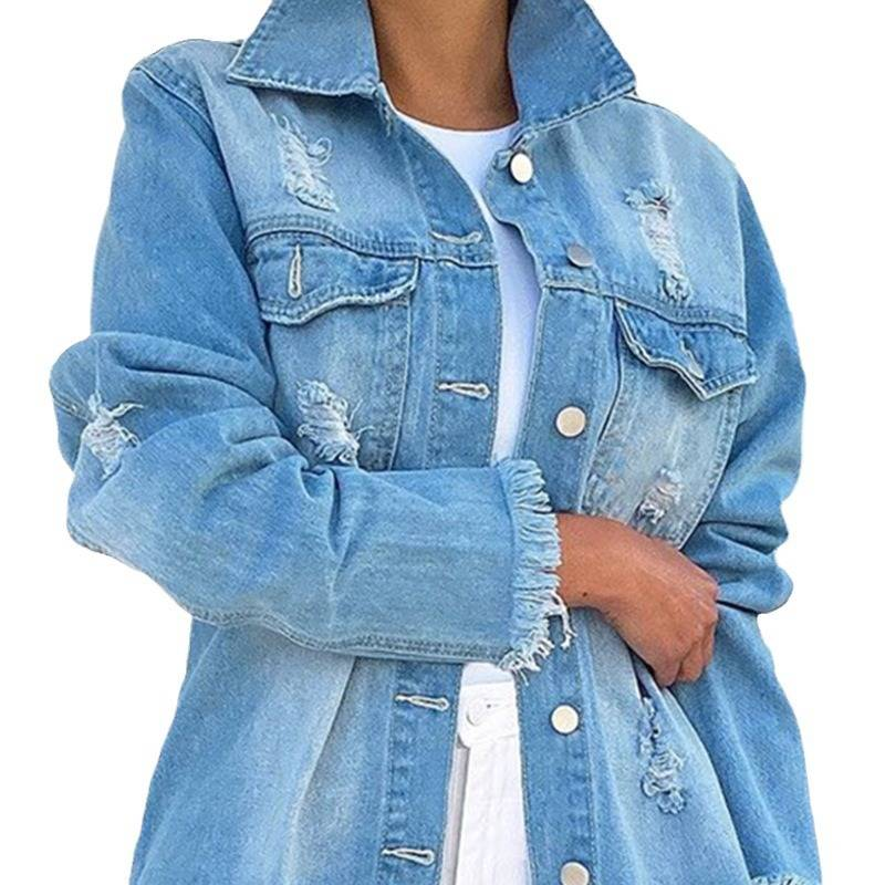 Damen-Jeanshemd mit Distressed-Saum und langen Ärmeln – lässig und bürotauglich mit Polokragen_voghion.com