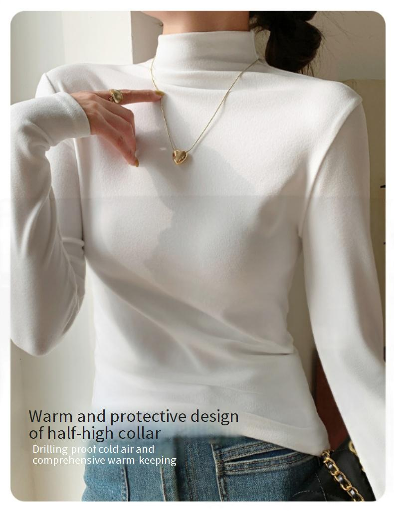 Damen-Thermooberteil mit schmaler Passform und halbem Rollkragen – weiches, elastisches Polyester-Unterhemd für den Winter (Rot, Schwarz, Weiß, Beige, Senfgelb, Kaffeebraun)_voghion.com